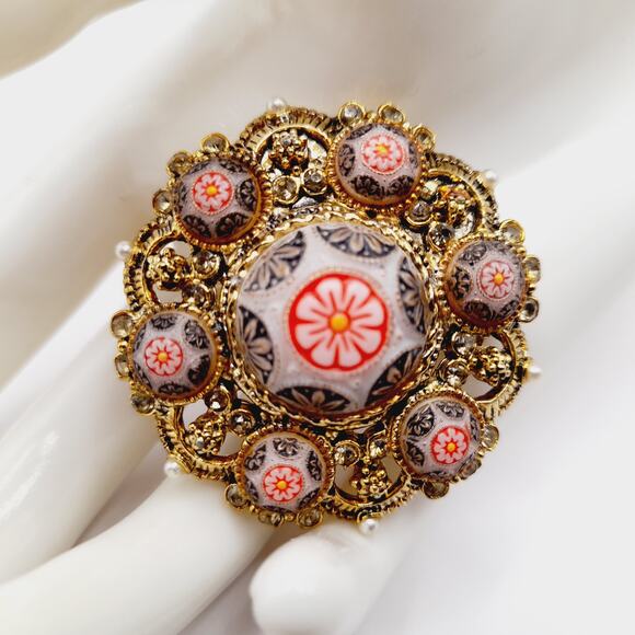 Vintage Micro Mosaic Floral Brooch, Gold Tone Filigree, 1 3/4 Inches - Picture 2 of 7